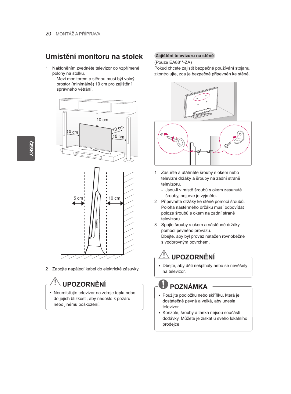 Umístění monitoru na stolek, Upozornění, Poznámka | LG 55EA880V User Manual | Page 166 / 544