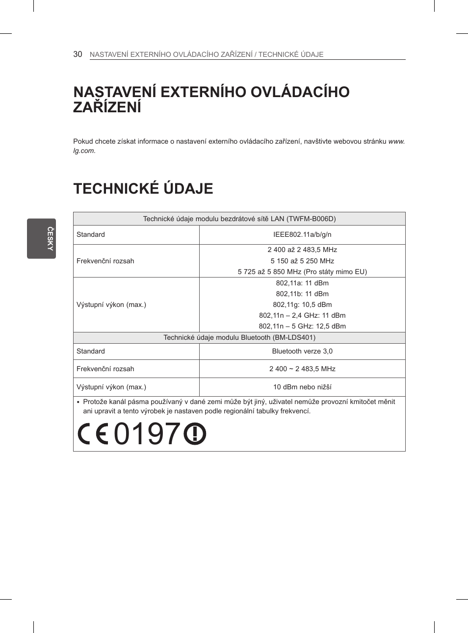 Nastavení externího ovládacího zařízení, Technické údaje | LG 55EA880V User Manual | Page 176 / 544