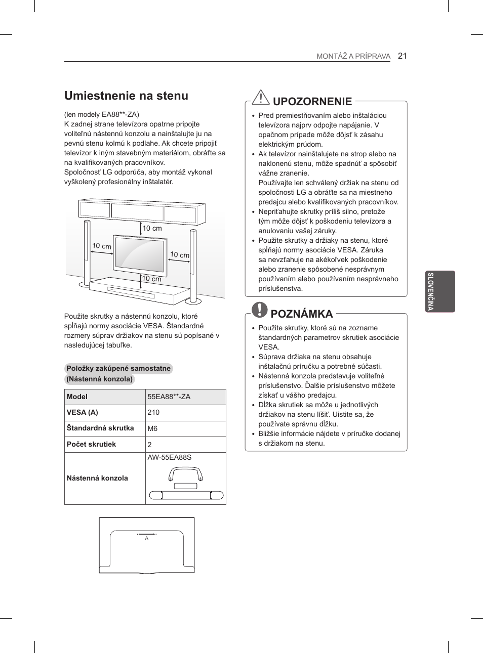 Umiestnenie na stenu, Upozornenie, Poznámka | LG 55EA880V User Manual | Page 197 / 544
