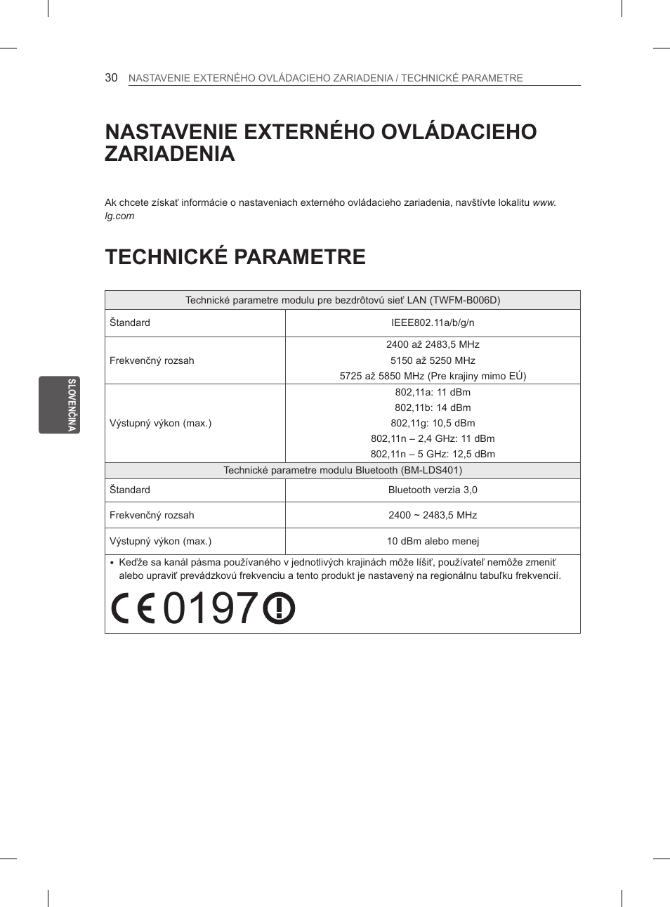 Nastavenie externého ovládacieho zariadenia, Technické parametre | LG 55EA880V User Manual | Page 206 / 544