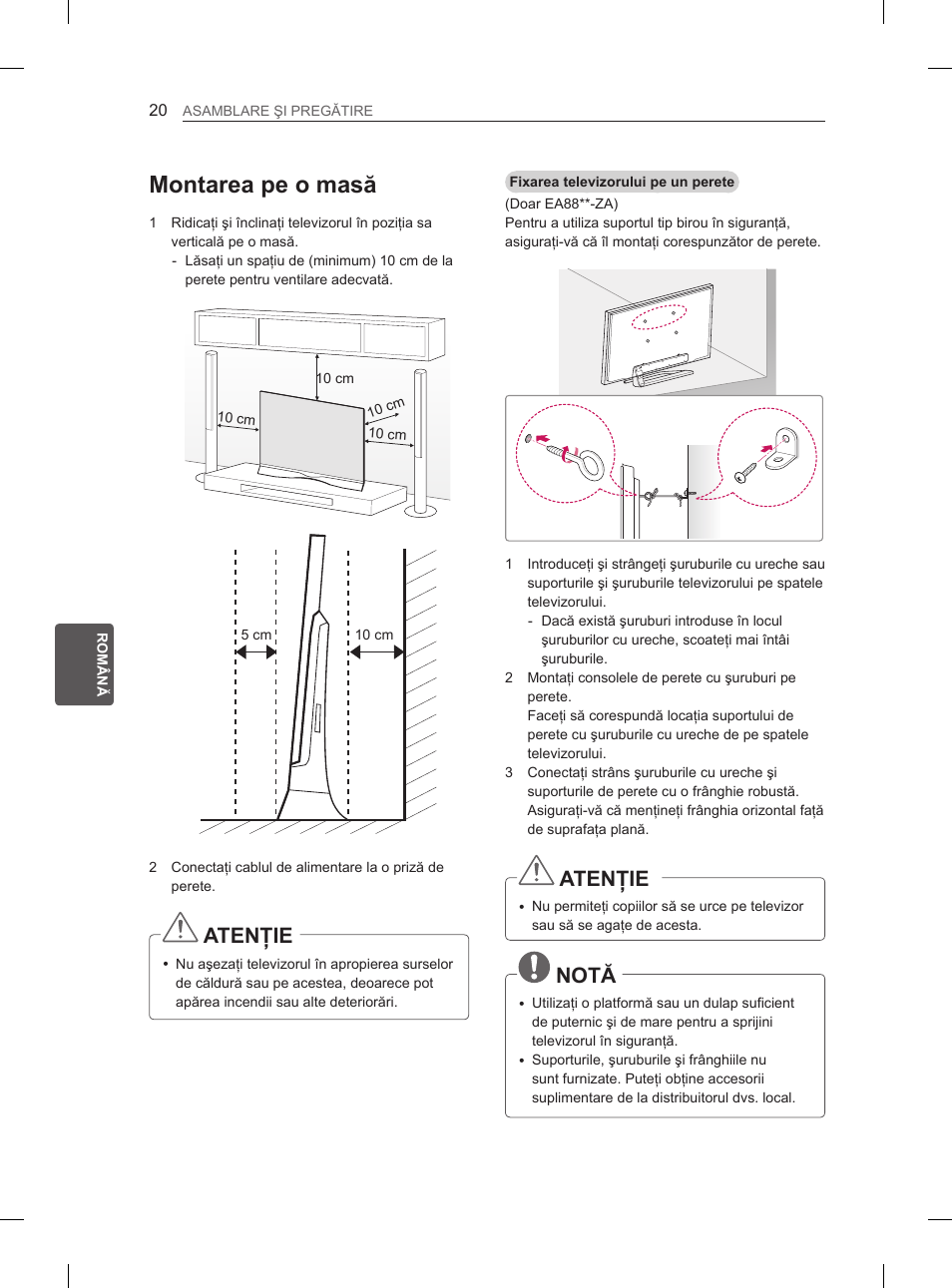 Montarea pe o masă, Atenţie, Notă | LG 55EA880V User Manual | Page 226 / 544