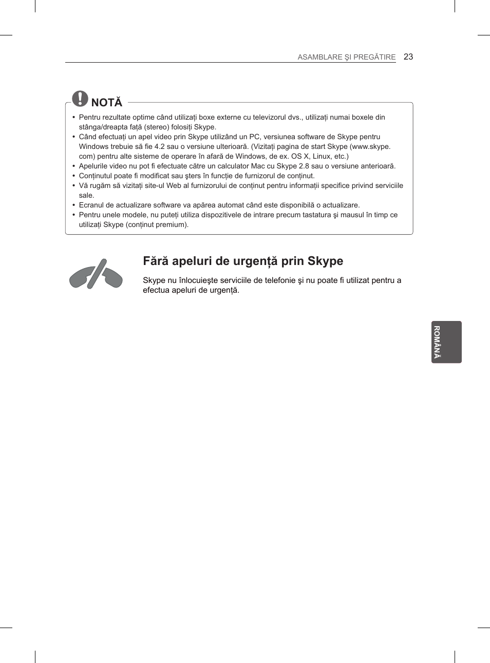 Fără apeluri de urgenţă prin skype, Notă, Prezentare generală | LG 55EA880V User Manual | Page 229 / 544