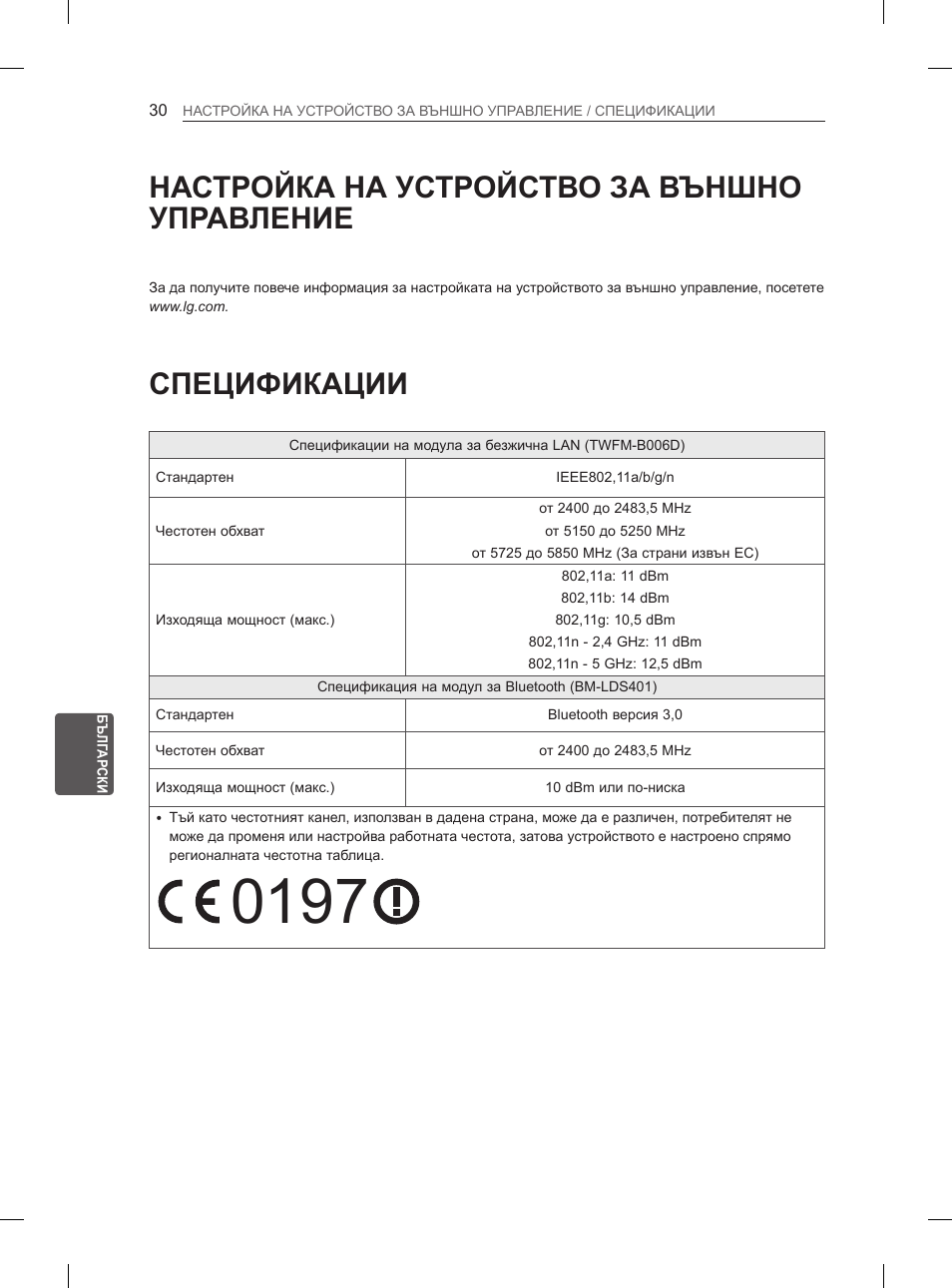 Настройка на устройство за външно управление, Спецификации | LG 55EA880V User Manual | Page 266 / 544