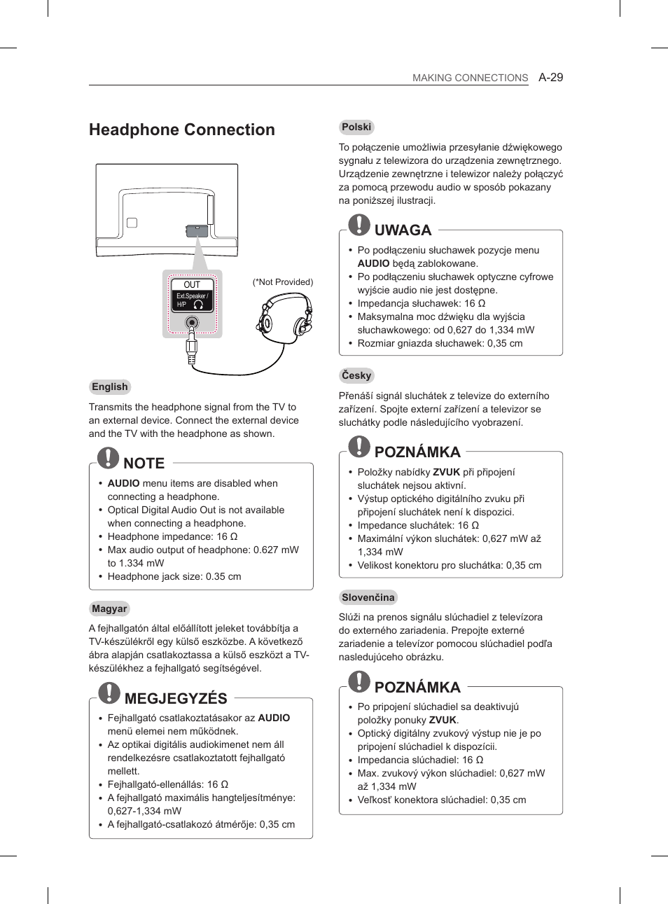 Headphone connection, Megjegyzés, Uwaga | Poznámka | LG 55EA880V User Manual | Page 29 / 544