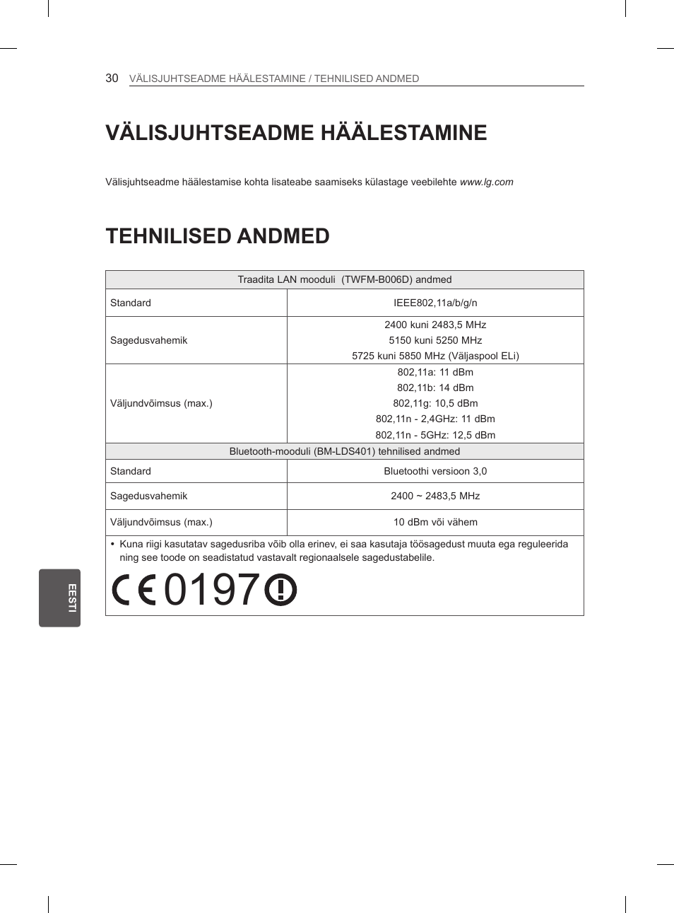 Välisjuhtseadme häälestamine, Tehnilised andmed | LG 55EA880V User Manual | Page 296 / 544