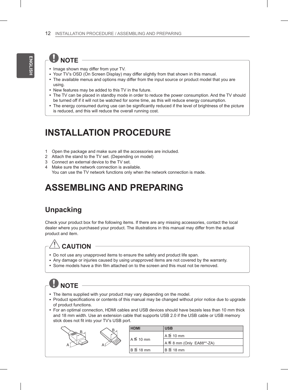 Installation procedure, Assembling and preparing, Unpacking | Caution | LG 55EA880V User Manual | Page 68 / 544