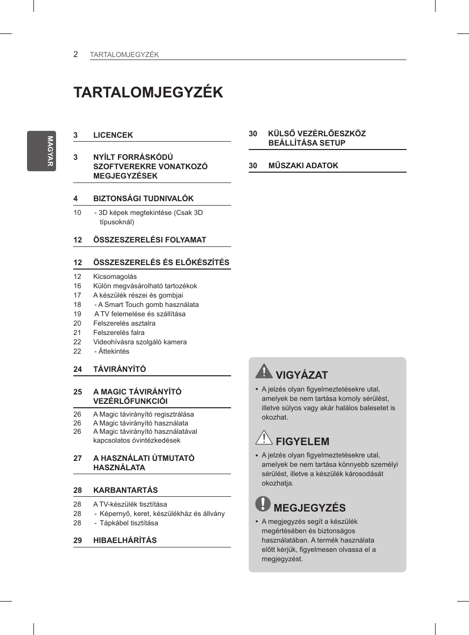 Tartalomjegyzék, Vigyázat, Figyelem | Megjegyzés | LG 55EA880V User Manual | Page 88 / 544
