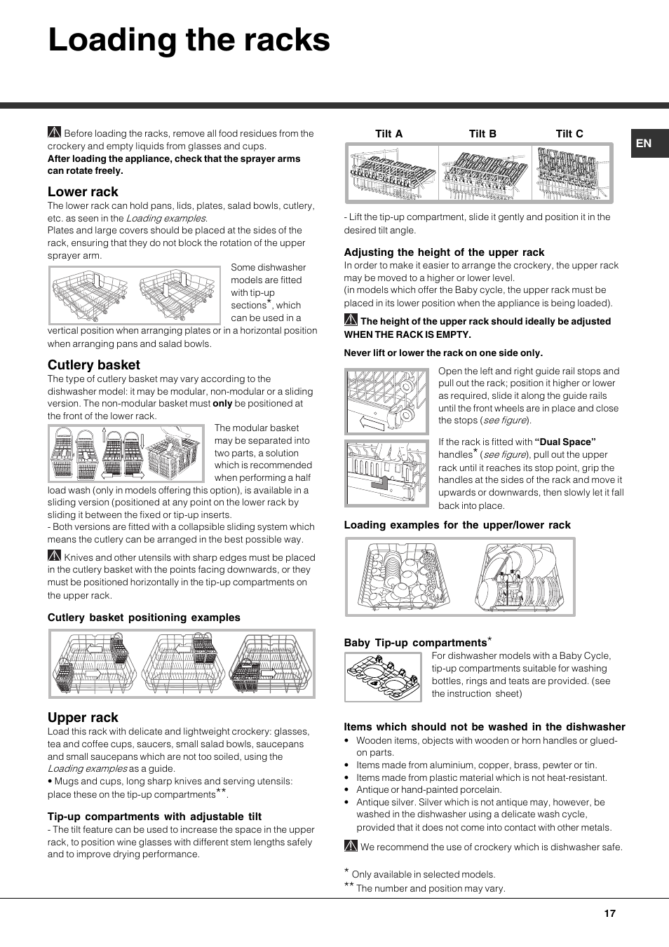 Loading the racks, Lower rack, Cutlery basket | Upper rack | Hotpoint Ariston LFTA+ 3214 User Manual | Page 17 / 84