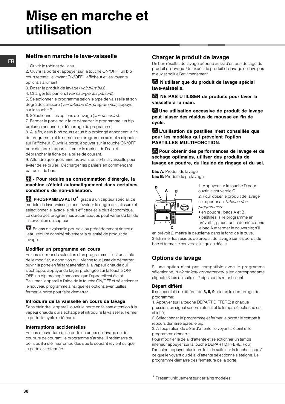 Mise en marche et utilisation, Mettre en marche le lave-vaisselle, Charger le produit de lavage | Options de lavage | Hotpoint Ariston LFTA+ 3214 User Manual | Page 30 / 84