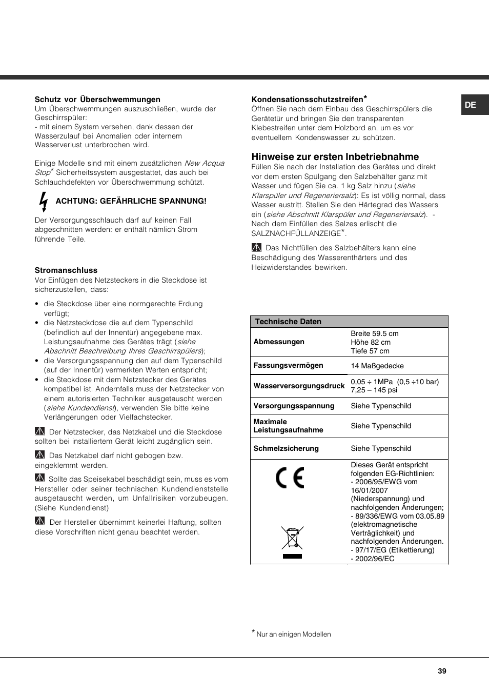 Hinweise zur ersten inbetriebnahme | Hotpoint Ariston LFTA+ 3214 User Manual | Page 39 / 84