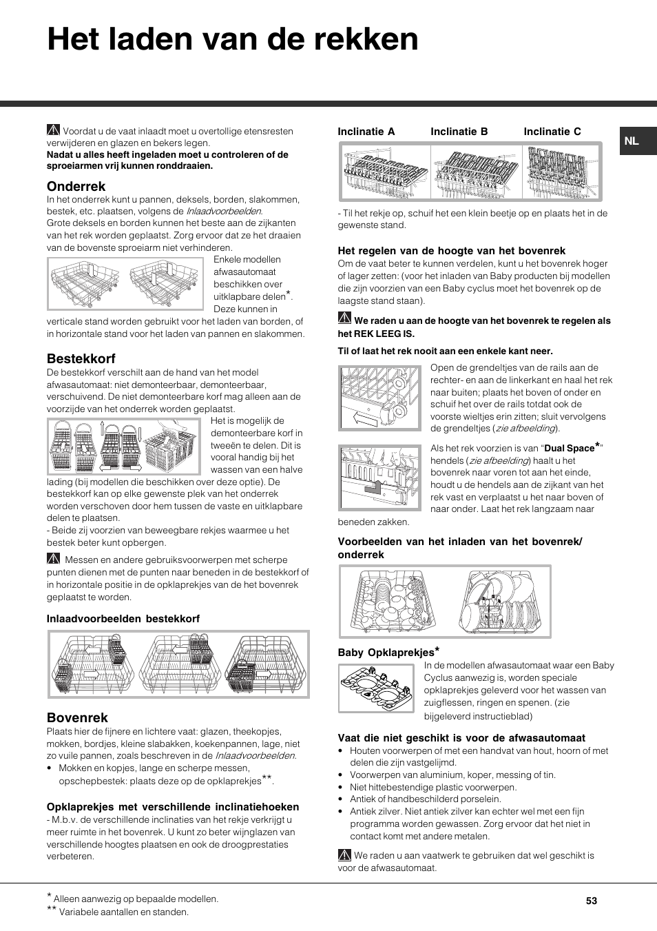 Het laden van de rekken, Onderrek, Bestekkorf | Bovenrek | Hotpoint Ariston LFTA+ 3214 User Manual | Page 53 / 84