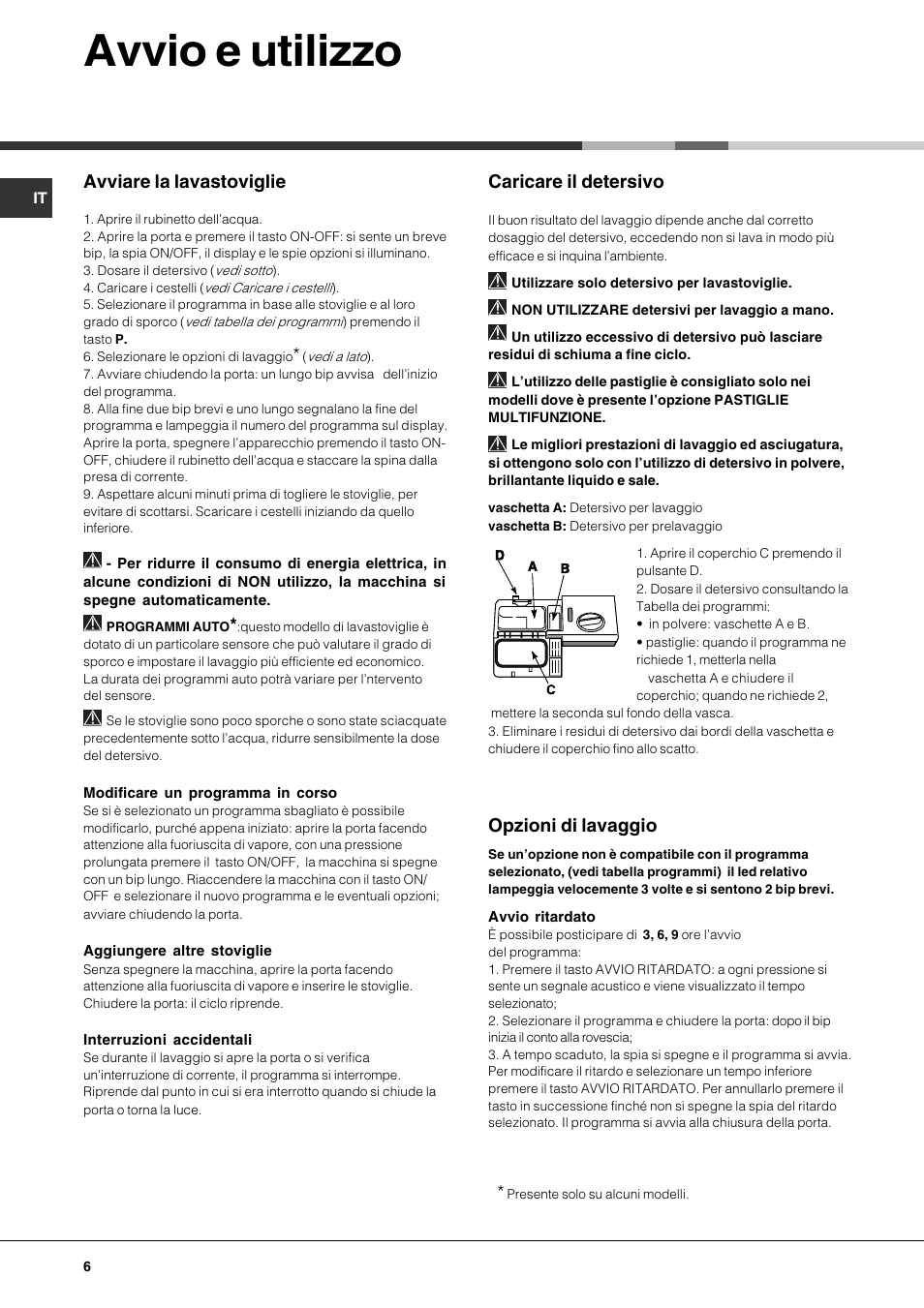 Avvio e utilizzo, Avviare la lavastoviglie, Caricare il detersivo | Opzioni di lavaggio | Hotpoint Ariston LFTA+ 3214 User Manual | Page 6 / 84