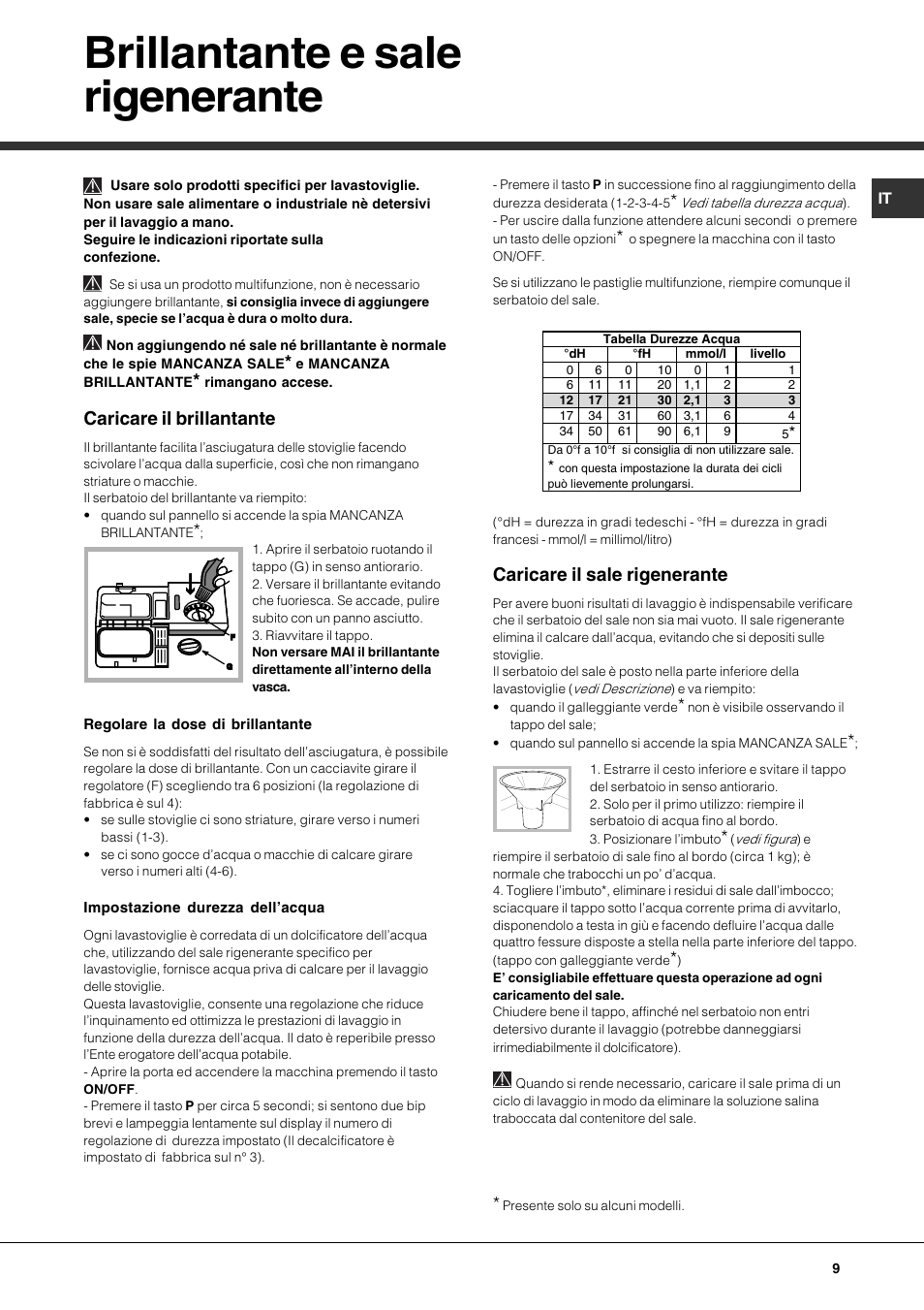 Brillantante e sale rigenerante, Caricare il brillantante, Caricare il sale rigenerante | Hotpoint Ariston LFTA+ 3214 User Manual | Page 9 / 84