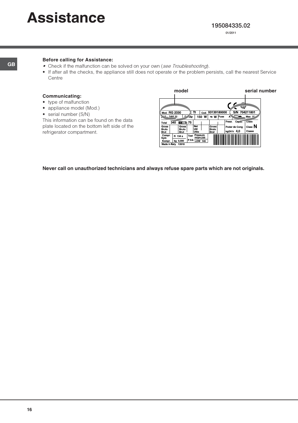 Assistance | Hotpoint Ariston UPS 1722 F J-HA User Manual | Page 16 / 80