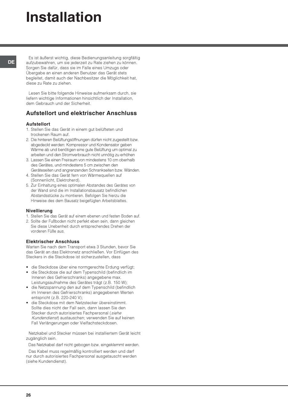 Installation, Aufstellort und elektrischer anschluss | Hotpoint Ariston UPS 1722 F J-HA User Manual | Page 26 / 80