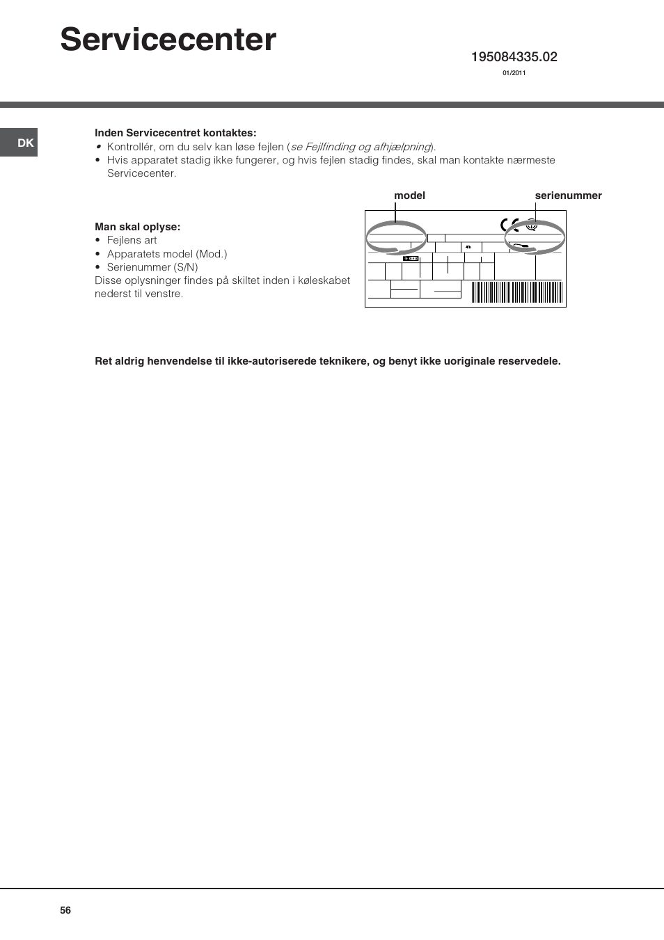 Servicecenter, Model serienummer | Hotpoint Ariston UPS 1722 F J-HA User Manual | Page 56 / 80