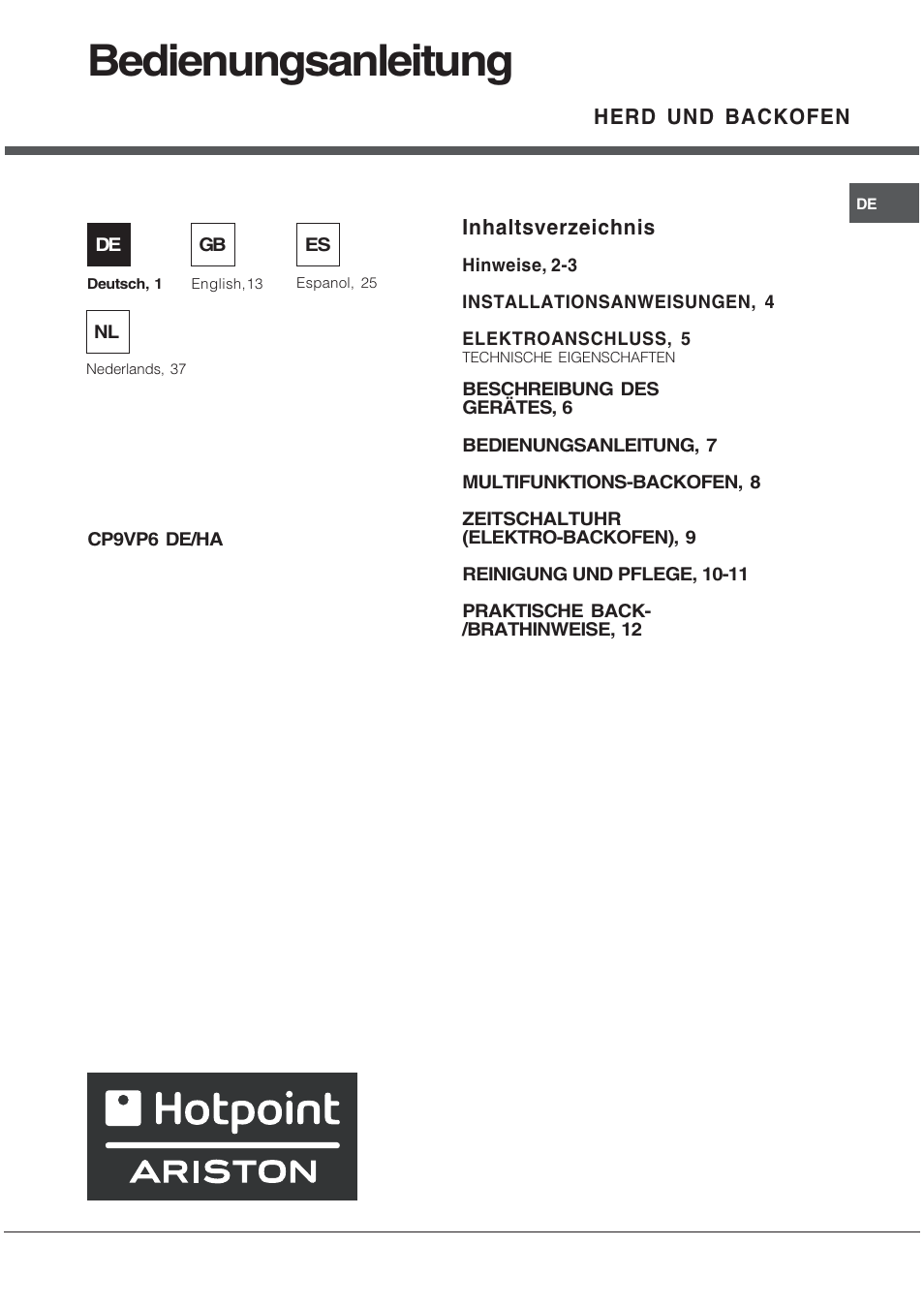 Hotpoint Ariston CP9VP6 DE HA User Manual | 48 pages