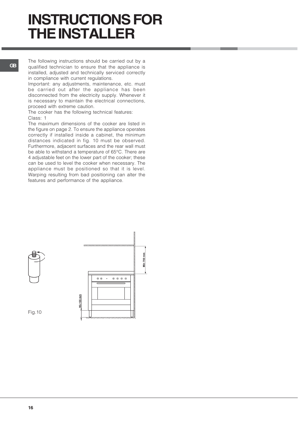 Instructions for the installer | Hotpoint Ariston CP9VP6 DE HA User Manual | Page 16 / 48