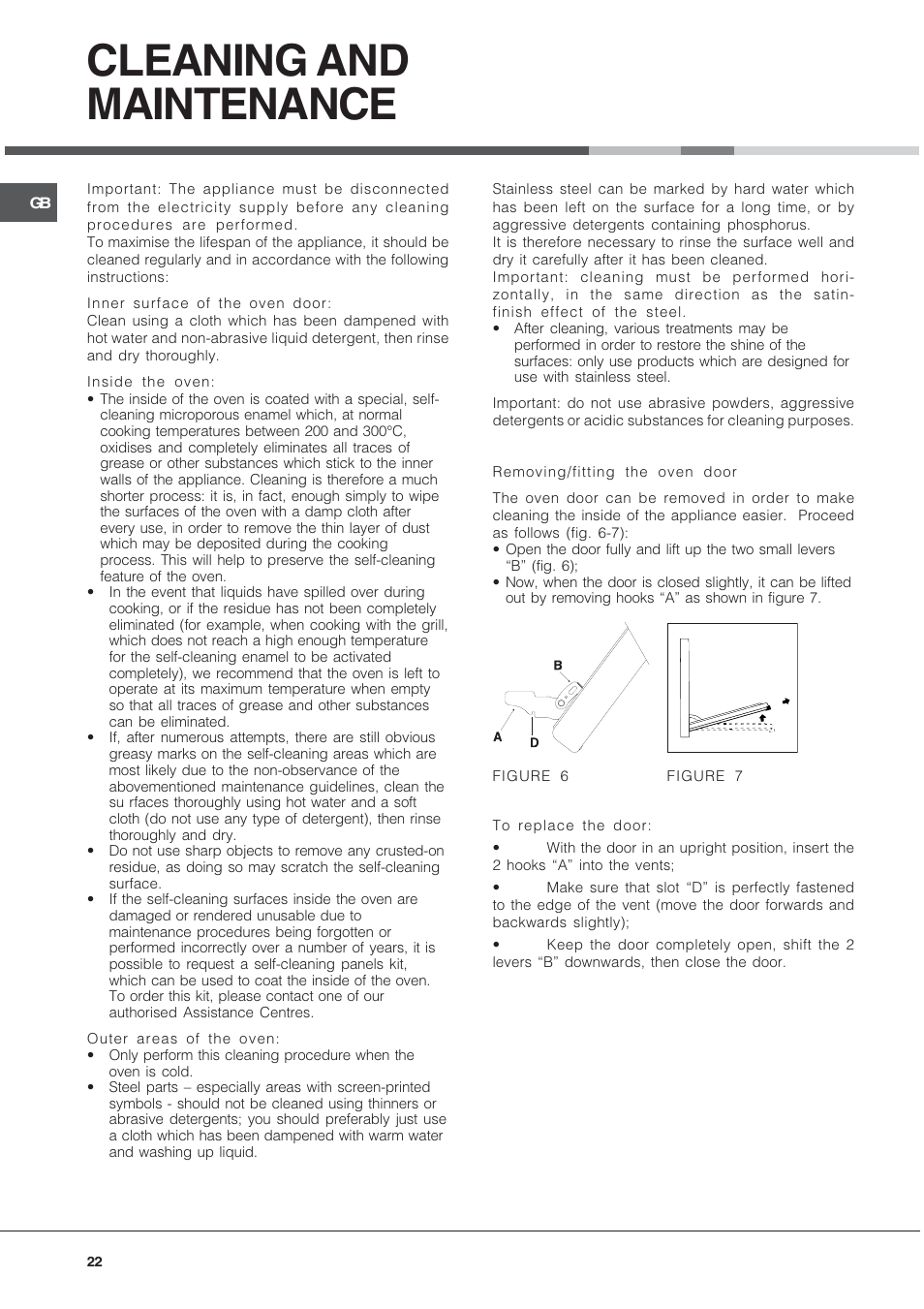 Cleaning and maintenance | Hotpoint Ariston CP9VP6 DE HA User Manual | Page 22 / 48