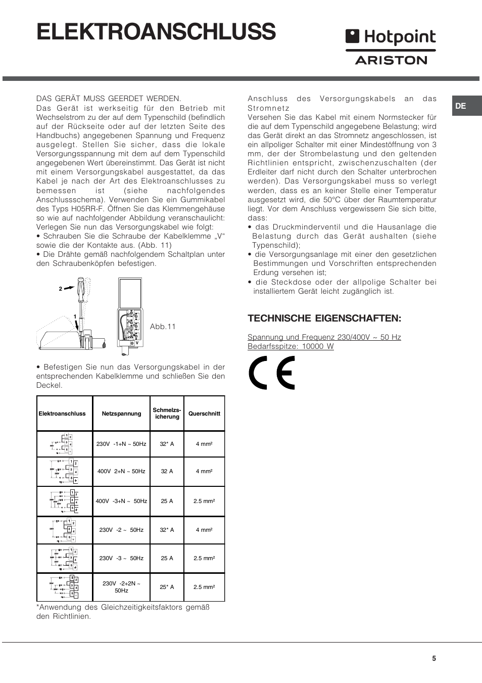 Elektroanschluss, Technische eigenschaften | Hotpoint Ariston CP9VP6 DE HA User Manual | Page 5 / 48