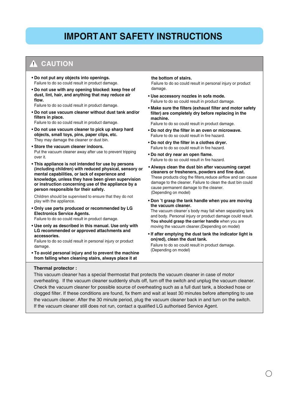 Important safety instructions, Caution | LG VC3062NND User Manual | Page 6 / 29