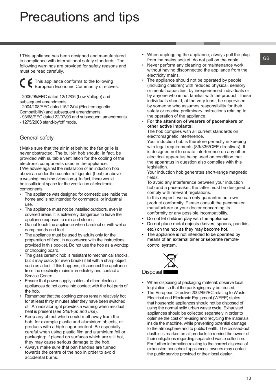 Precautions and tips | Hotpoint Ariston KIO 632 C C User Manual | Page 13 / 80