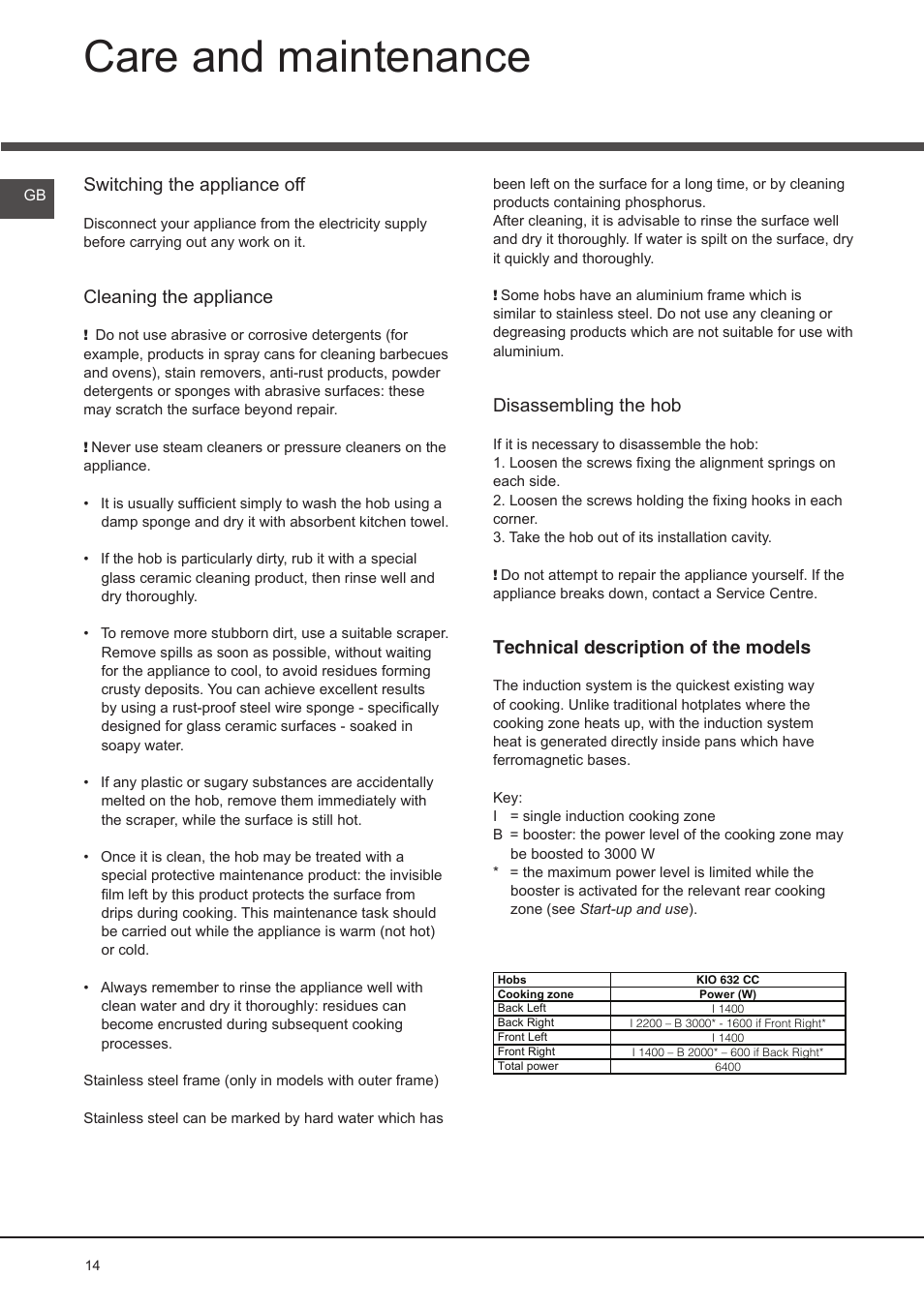 Care and maintenance, Switching the appliance off, Cleaning the appliance | Disassembling the hob, Technical description of the models | Hotpoint Ariston KIO 632 C C User Manual | Page 14 / 80