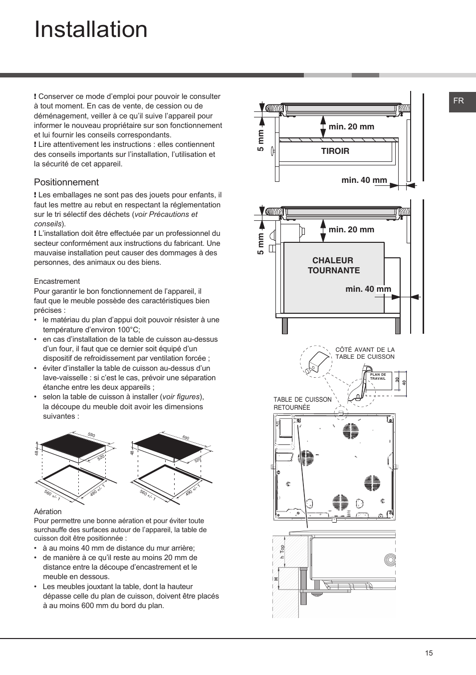 Installation, Positionnement | Hotpoint Ariston KIO 632 C C User Manual | Page 15 / 80