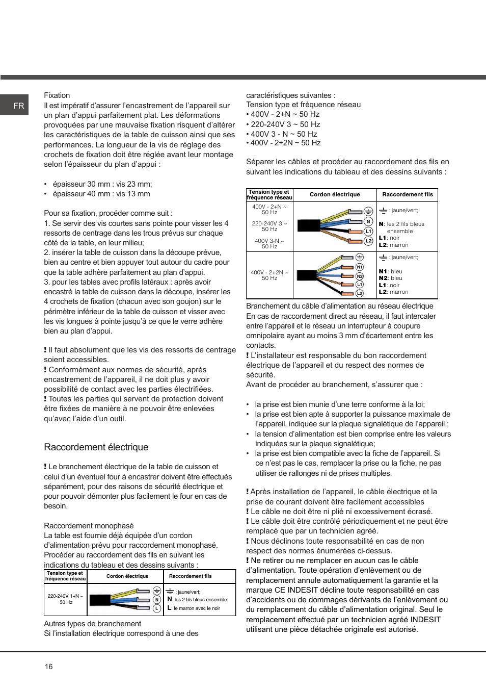 Raccordement électrique | Hotpoint Ariston KIO 632 C C User Manual | Page 16 / 80