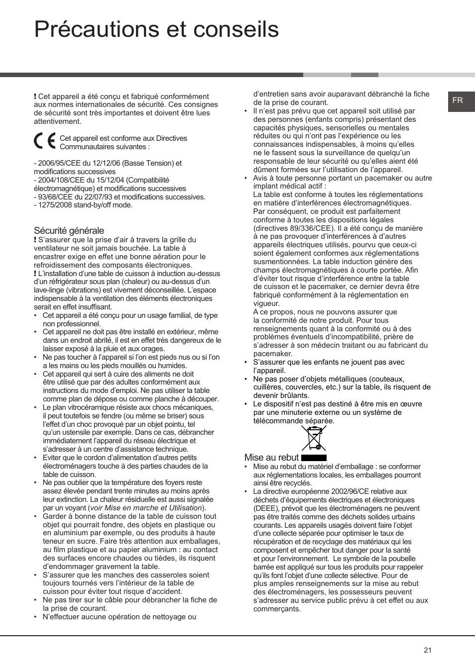 Précautions et conseils | Hotpoint Ariston KIO 632 C C User Manual | Page 21 / 80