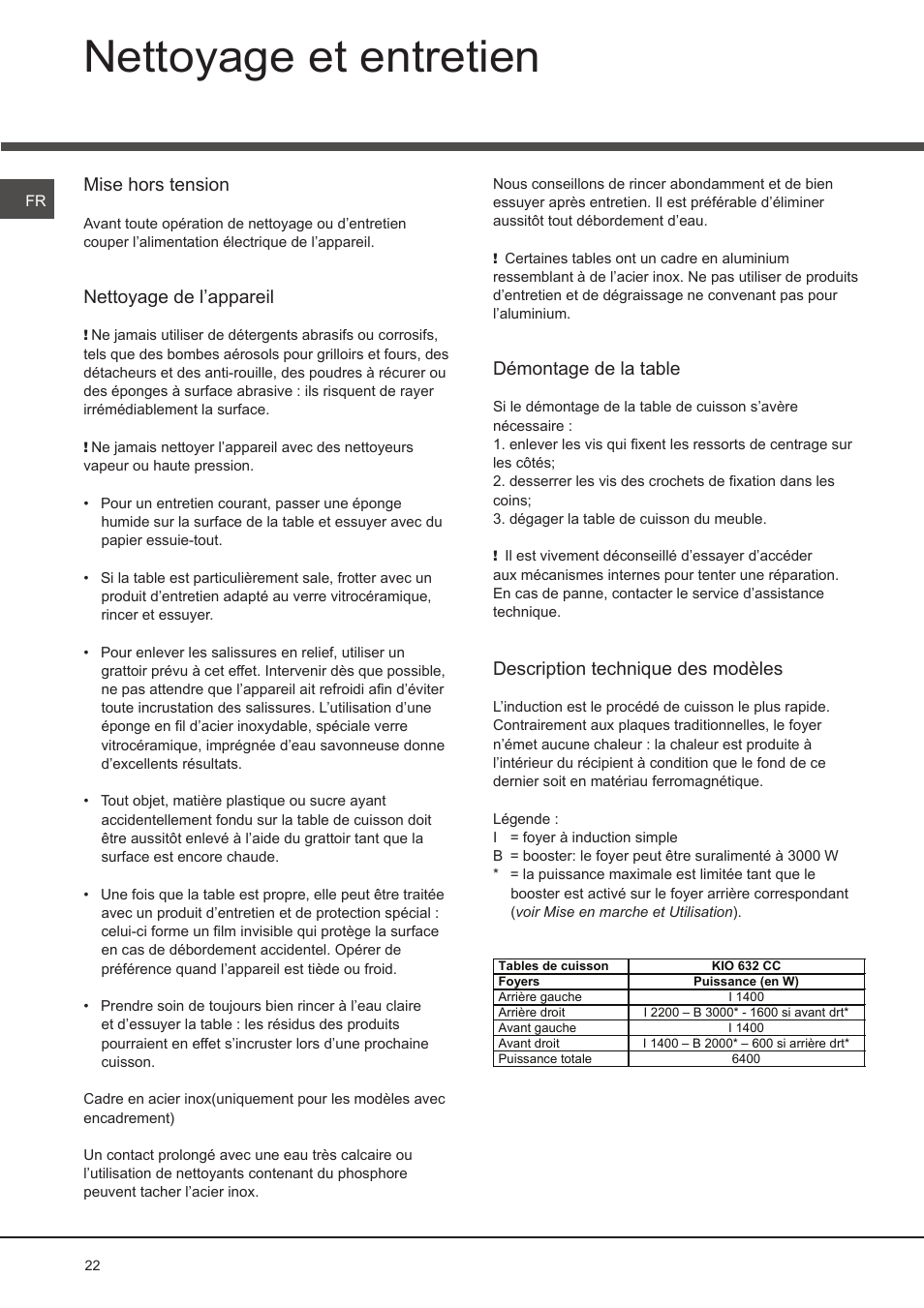 Nettoyage et entretien, Mise hors tension, Nettoyage de l’appareil | Démontage de la table, Description technique des modèles | Hotpoint Ariston KIO 632 C C User Manual | Page 22 / 80