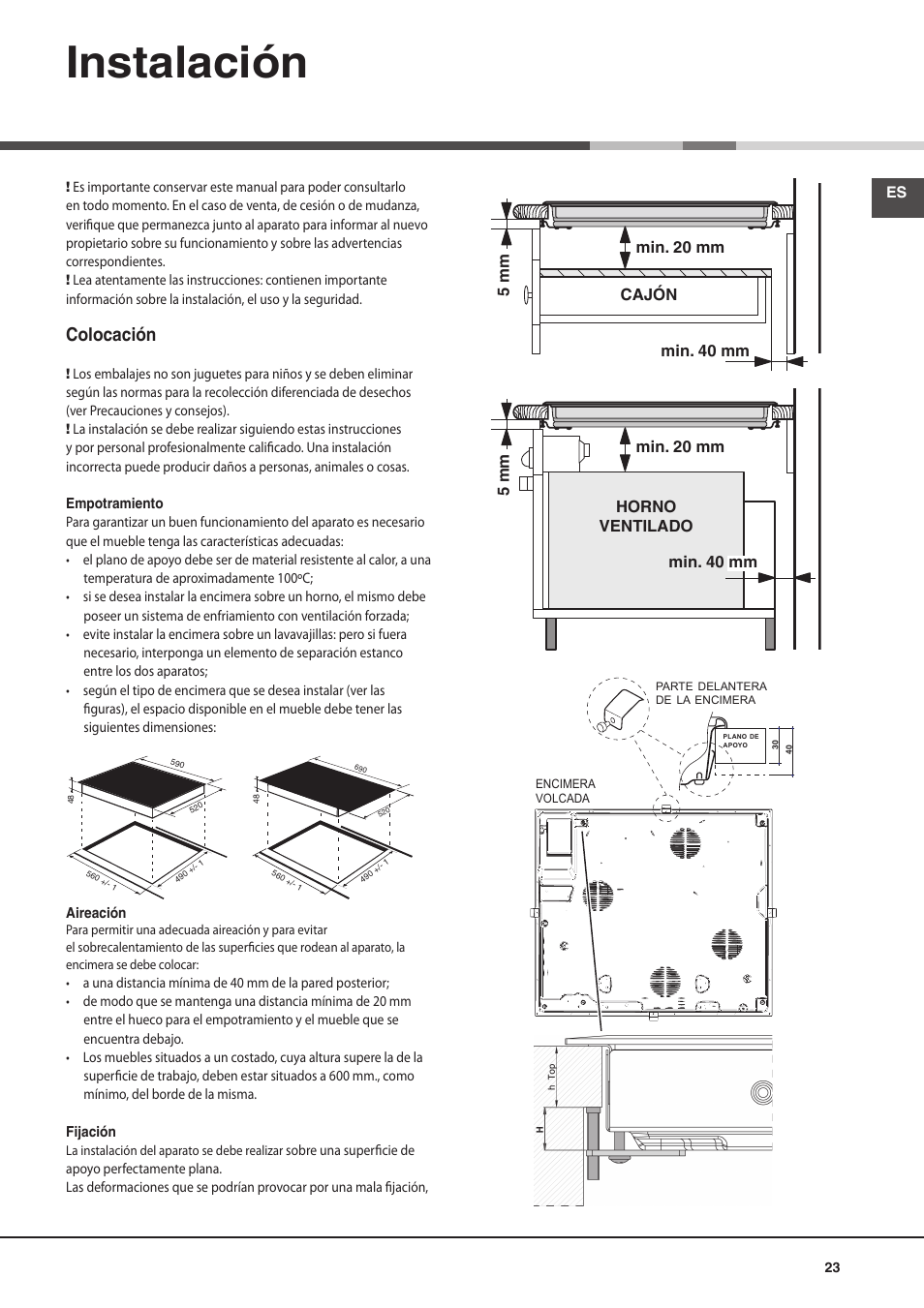 Instalación, Colocación | Hotpoint Ariston KIO 632 C C User Manual | Page 23 / 80