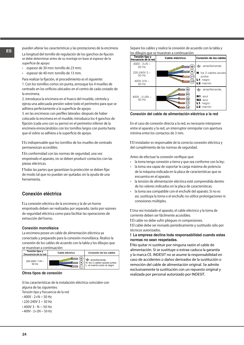 Conexión eléctrica | Hotpoint Ariston KIO 632 C C User Manual | Page 24 / 80