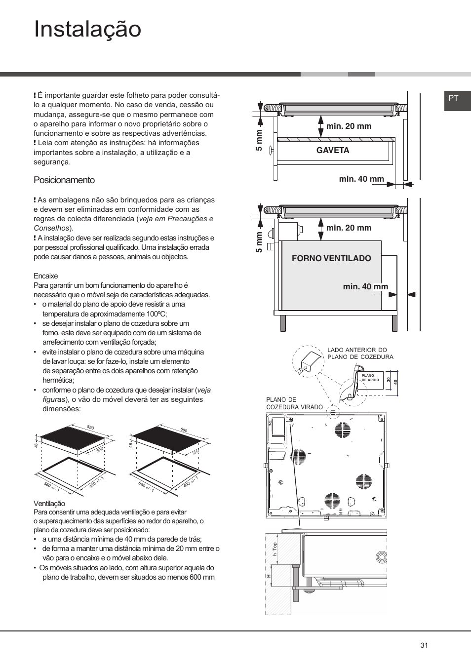 Instalação, Posicionamento | Hotpoint Ariston KIO 632 C C User Manual | Page 31 / 80
