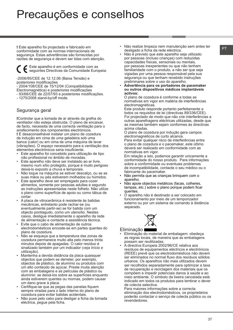 Precauções e conselhos | Hotpoint Ariston KIO 632 C C User Manual | Page 37 / 80