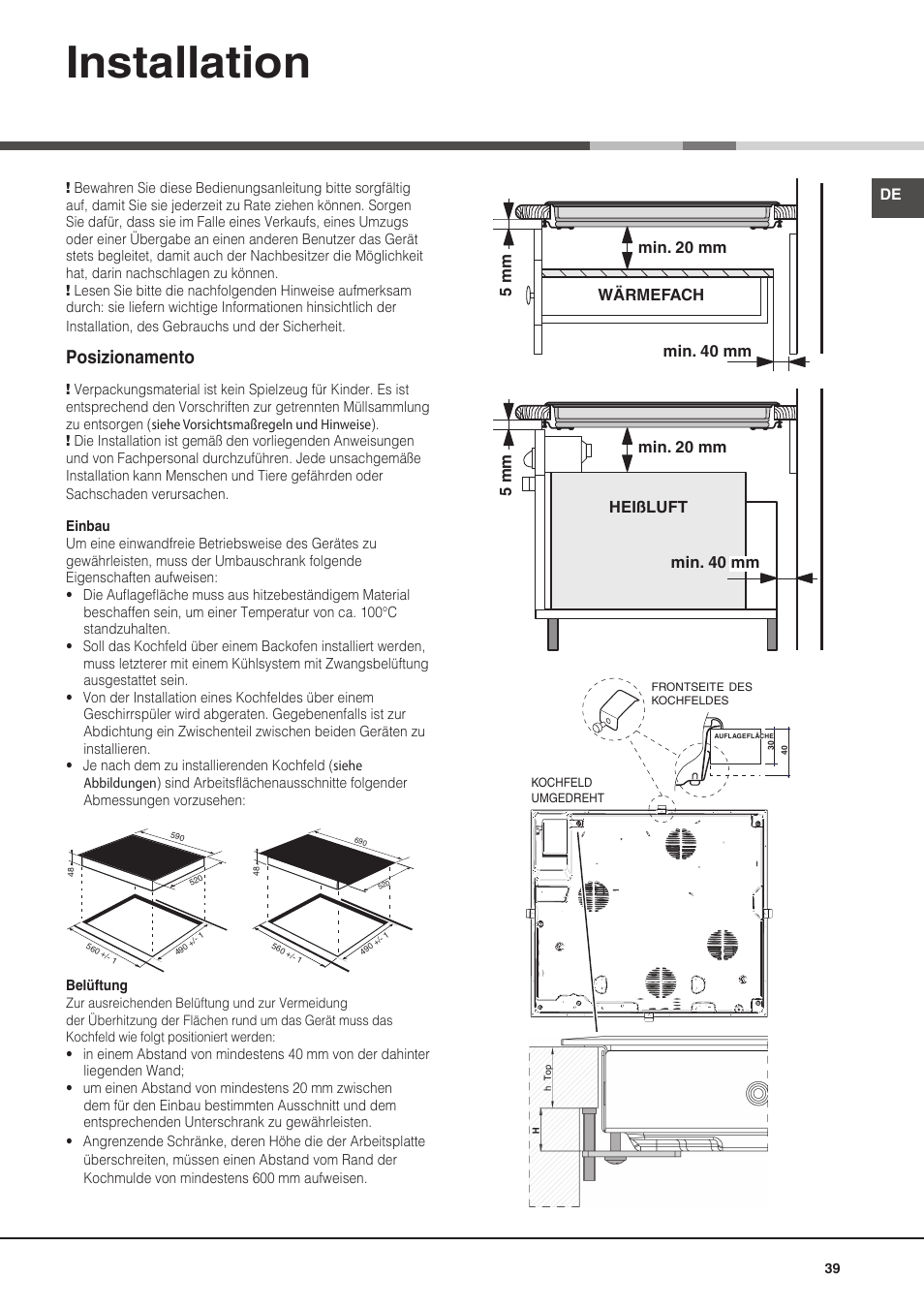 Installation, Posizionamento | Hotpoint Ariston KIO 632 C C User Manual | Page 39 / 80