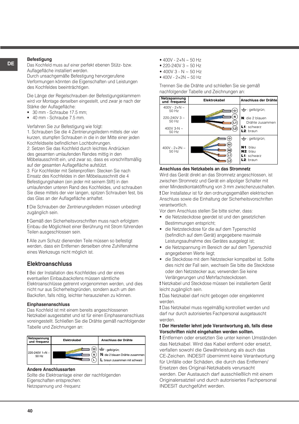 Elektroanschluss | Hotpoint Ariston KIO 632 C C User Manual | Page 40 / 80