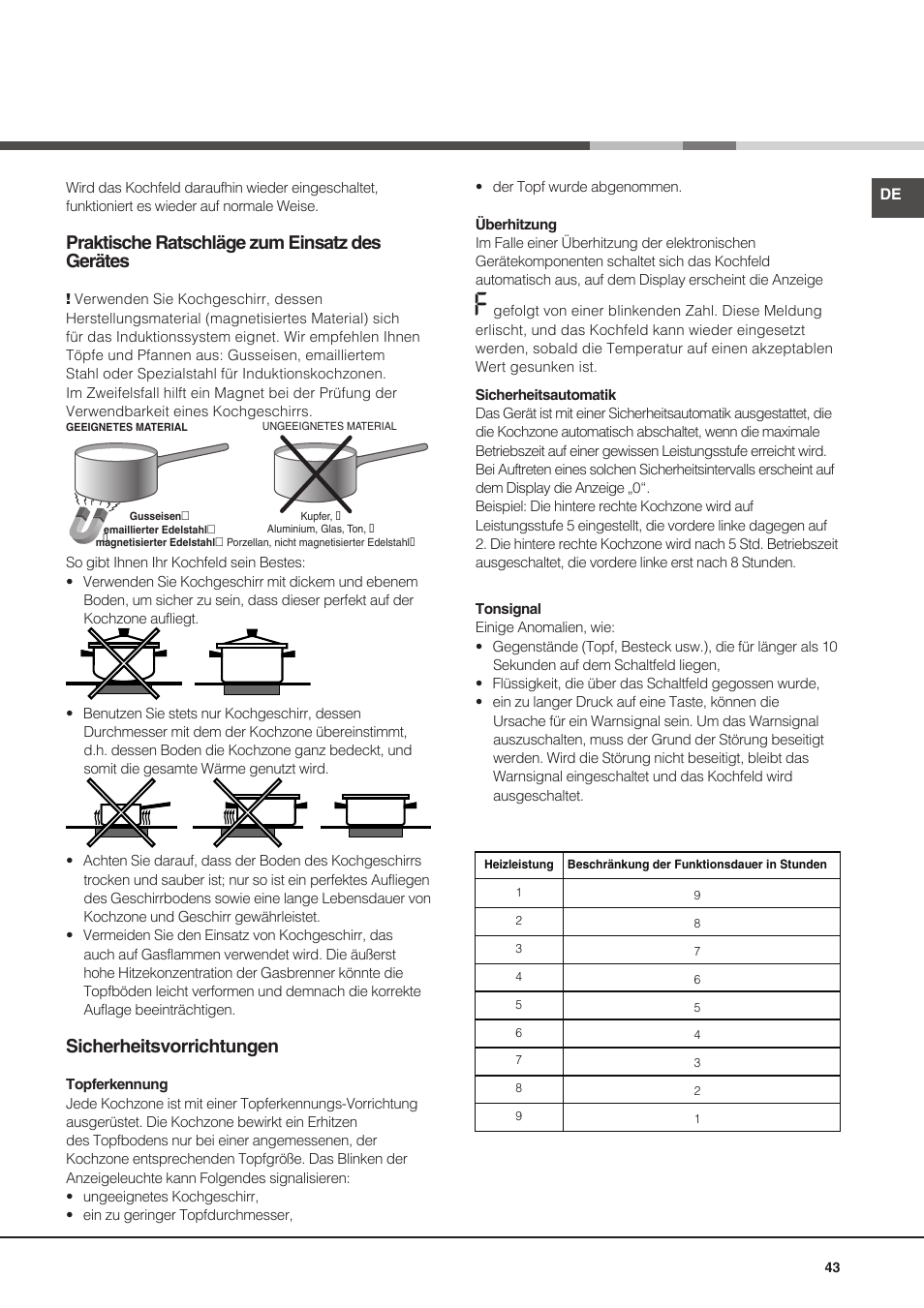 Praktische ratschläge zum einsatz des gerätes, Sicherheitsvorrichtungen | Hotpoint Ariston KIO 632 C C User Manual | Page 43 / 80
