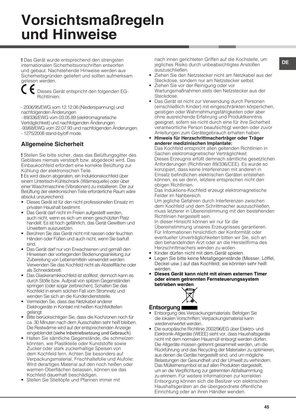 Vorsichtsmaßregeln und hinweise | Hotpoint Ariston KIO 632 C C User Manual | Page 45 / 80