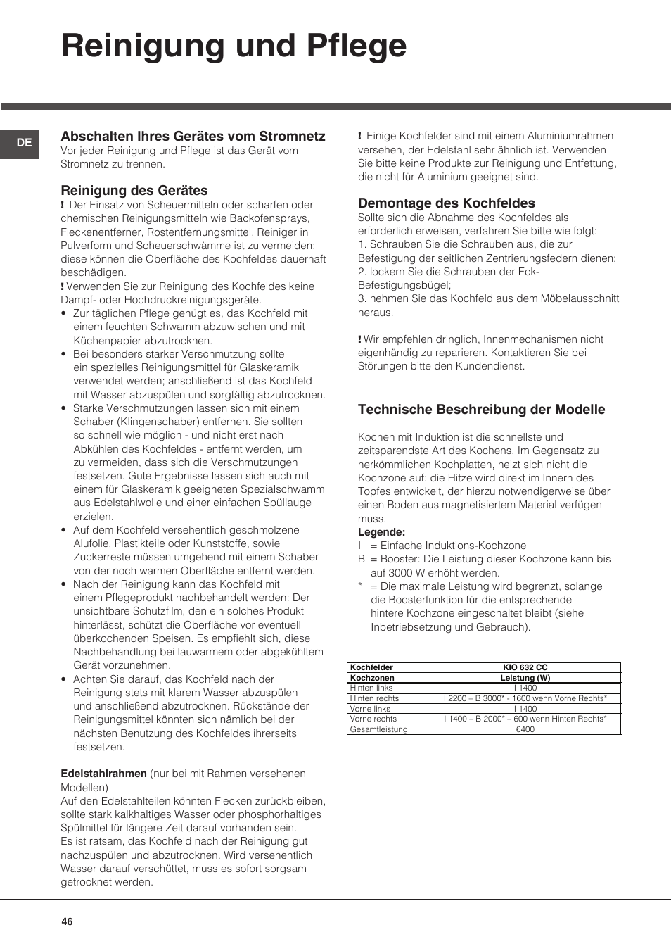 Reinigung und pflege, Abschalten ihres gerätes vom stromnetz, Reinigung des gerätes | Demontage des kochfeldes, Technische beschreibung der modelle | Hotpoint Ariston KIO 632 C C User Manual | Page 46 / 80