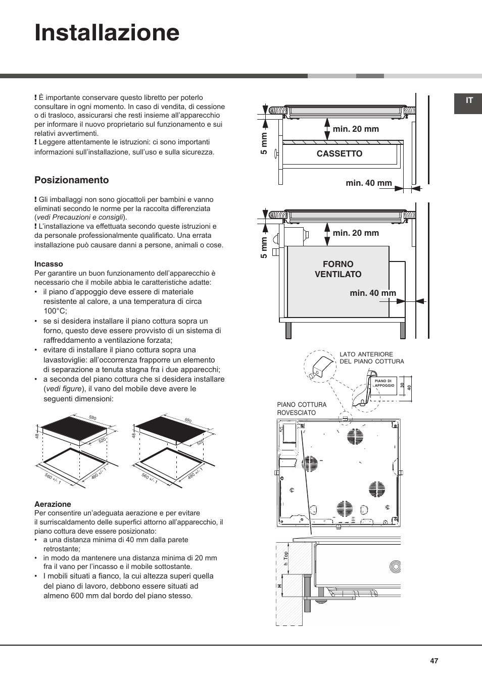 Installazione, Posizionamento | Hotpoint Ariston KIO 632 C C User Manual | Page 47 / 80
