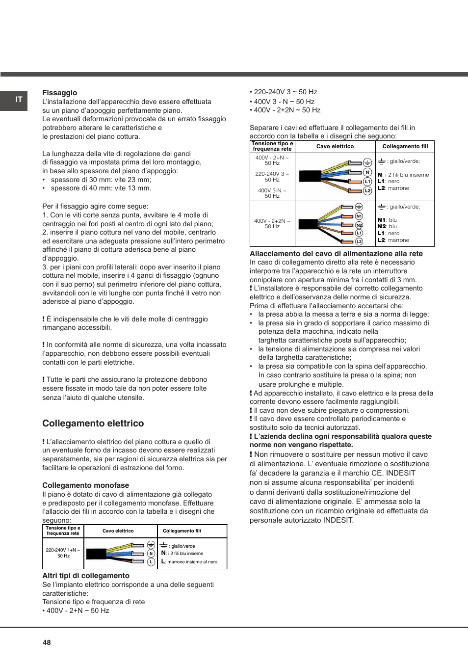 Collegamento elettrico | Hotpoint Ariston KIO 632 C C User Manual | Page 48 / 80