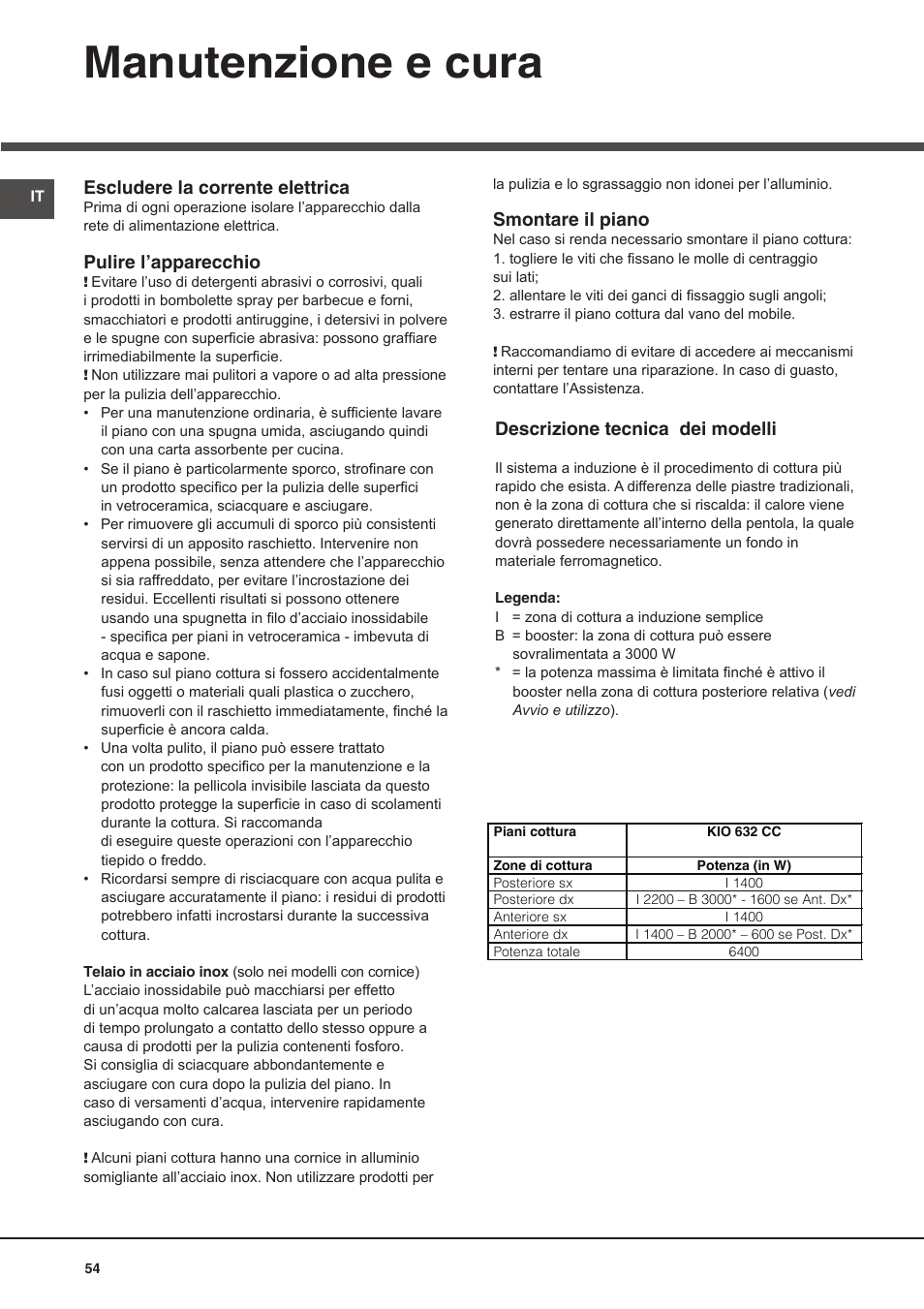 Manutenzione e cura, Escludere la corrente elettrica, Pulire l’apparecchio | Smontare il piano, Descrizione tecnica dei modelli | Hotpoint Ariston KIO 632 C C User Manual | Page 54 / 80