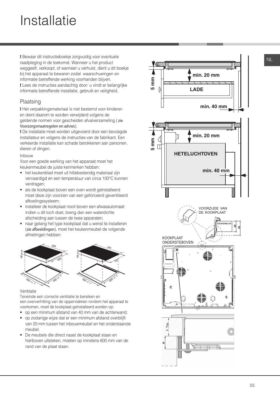 Installatie, Plaatsing | Hotpoint Ariston KIO 632 C C User Manual | Page 55 / 80