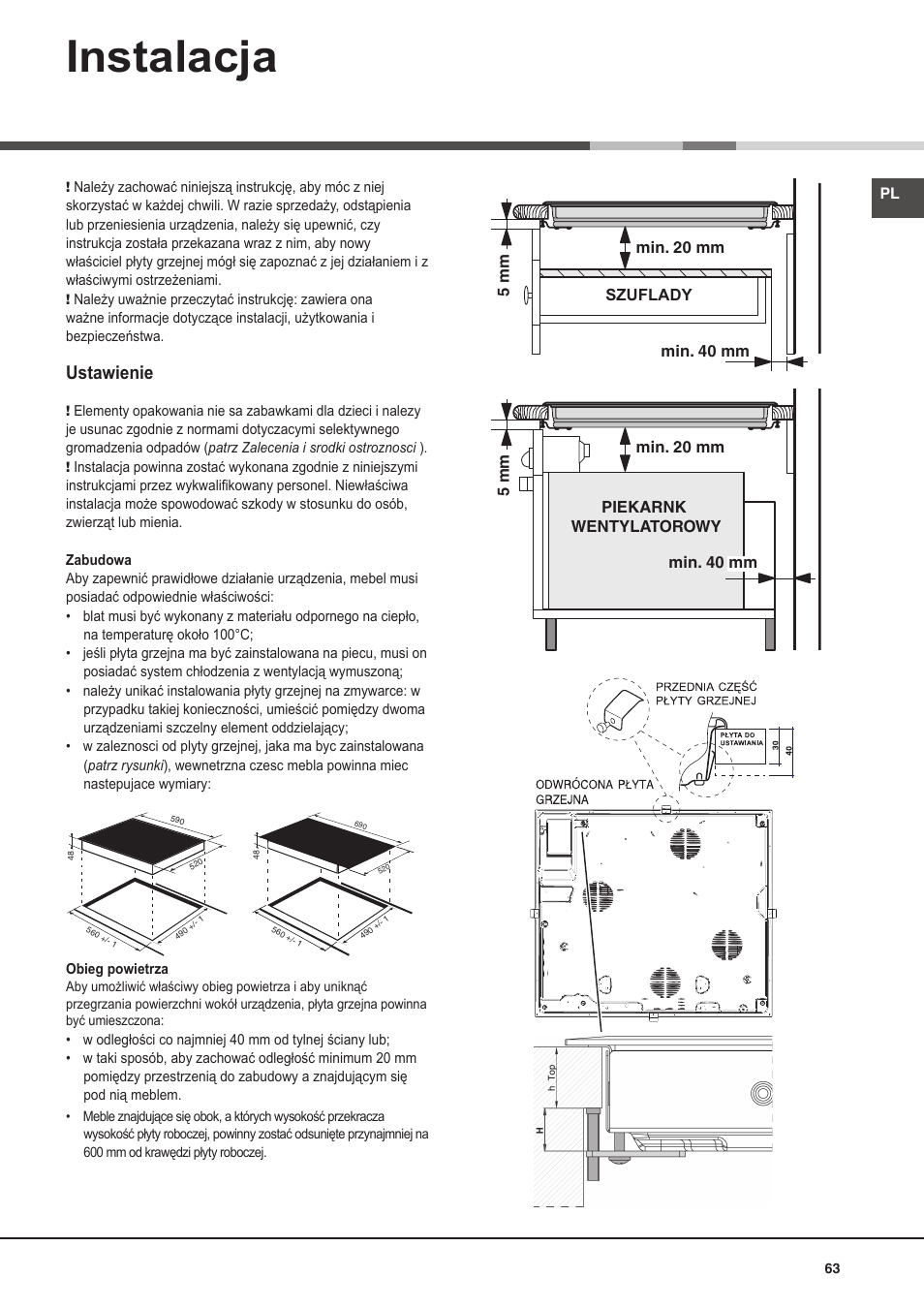 Instalacja, Ustawienie | Hotpoint Ariston KIO 632 C C User Manual | Page 63 / 80