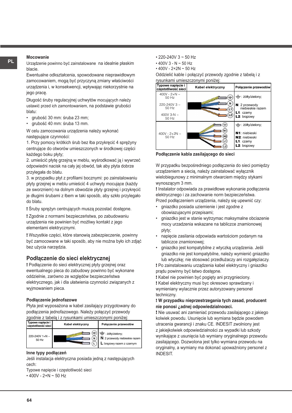 Podłączenie do sieci elektrycznej | Hotpoint Ariston KIO 632 C C User Manual | Page 64 / 80
