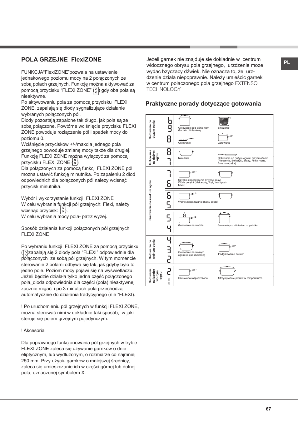 Pola grzejne flexizone, Praktyczne porady dotyczące gotowania | Hotpoint Ariston KIO 632 C C User Manual | Page 67 / 80