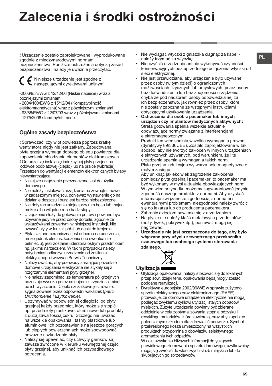 Zalecenia i środki ostrożności | Hotpoint Ariston KIO 632 C C User Manual | Page 69 / 80