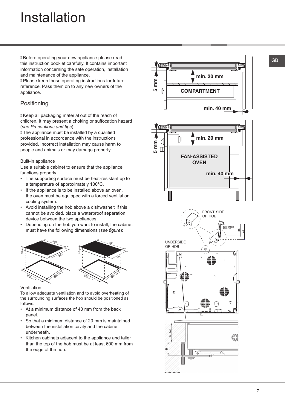 Installation, Positioning | Hotpoint Ariston KIO 632 C C User Manual | Page 7 / 80
