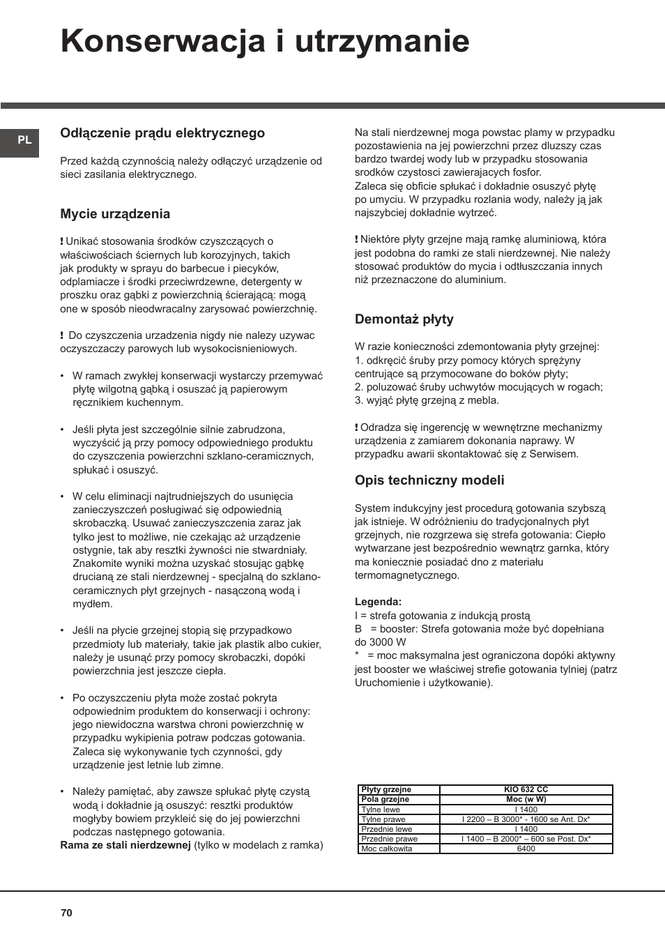 Konserwacja i utrzymanie, Odłączenie prądu elektrycznego, Mycie urządzenia | Demontaż płyty, Opis techniczny modeli | Hotpoint Ariston KIO 632 C C User Manual | Page 70 / 80